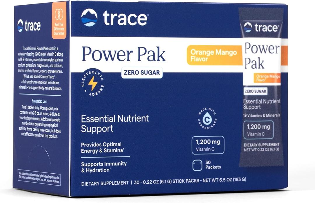 Trace Minerals Power Pak Multivitamin and Multimineral Packets - Electrolyte Support - 1200 mg Vitamin C plus 70+ Trace Minerals - Sugar Free - Orange Mango Flavor - 30 Packets