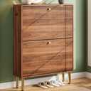 Nicetree Shoe Storage Cabinet for Entryway - 2 Flip Drawers Shoe Cabinet with Tiered Fluted Design - Slim Shoe Storage Rack with Gold Legs - Narrow Shoe Cabinet Hidden Shoe Organizer for Small Spaces, 30 inches x 9.5 inches x 36.7 inches