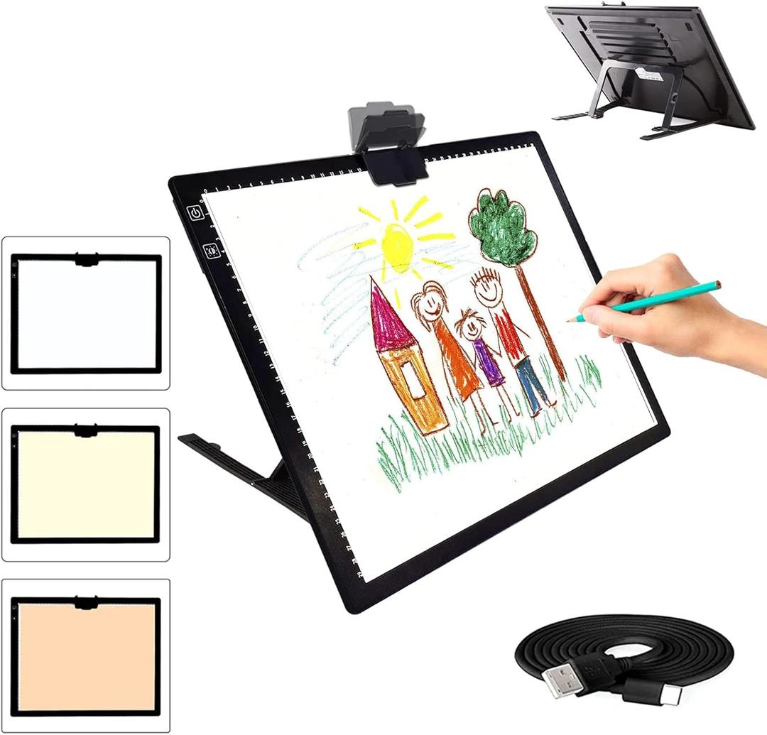 Led Light Pad, Rechargeable Battery Powered Tracing Light Box, 3 Colors Stepless Dimmable 6 Levels of Brightness Led Light Board,Built-in Stand, Magnet Clip(Black)