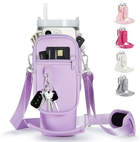 linmaya Water Bottle Carrier Bag with Phone Pocket for Stanley Cup 40/30oz,Insulated Neoprene Water Bottle Holder Cross-boday Bag with Adjustable Shoulder & Handheld Strap Stanley Cup Accessories