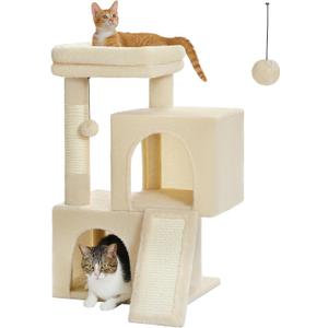 PAWZ Road Cat Tree, 30 Inches Cat Tower with Dual Condos for Indoor Cats, Plush Cat House with Padded Perch, Scratching Ramp and Posts and Replaceable Balls-Beige