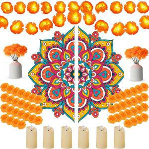 43 Pcs Diwali Decorations for Home Diwali Rangoli Floor Stickers Marigold Garland Artificial Marigold Flowers with Stem Flameless Votive Candles Diya Indian Gifts for Entrance Wall Door Porch