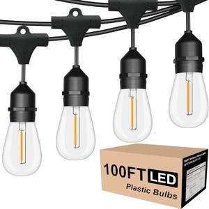 Outdoor String Lights LED 100FT Commercial Grade Heavy Duty Light String Lights with 30 Sockets 32 Shatterproof Plastic Bulbs Include 2 Spare S14 Dimmable Edison Bulbs Patio Market Cafe Light (Black)