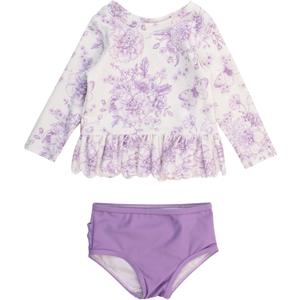 RuffleButts Baby/Toddler Girls Scalloped Long Sleeve Rash Guard 2-Piece UPF50+ Sun Protected Swimsuit (18-24 Months, Wisteria Purple Butterfly Garden Toile)