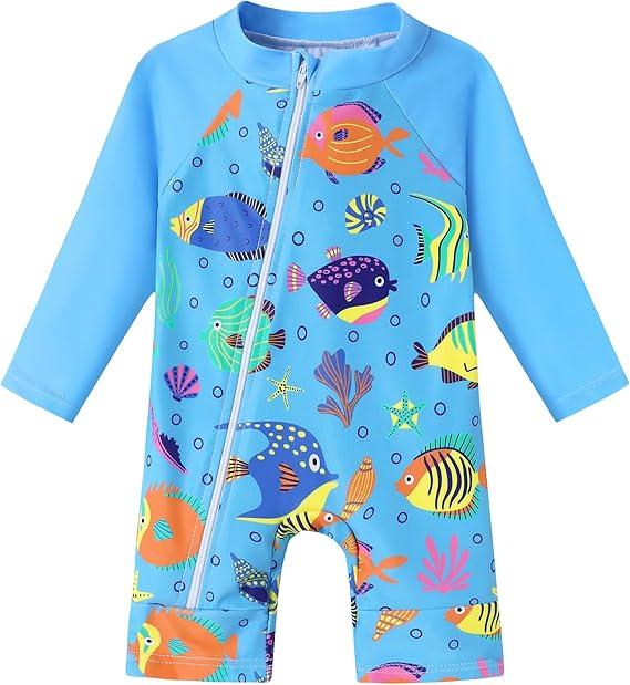 Baby Boy Swimsuit One Piece Long Sleeve Zipper Bathing Suit UPF 50+ Sun Protection Rashguard Swimwear 0-24 Months, 100
