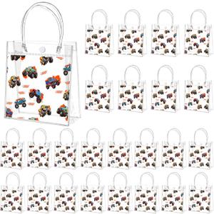 Tioncy 24pcs Truck Party Favor Bags Truck Gift Goodie Bags Car PVC Candy Treat Tote Clear Gift Bag with Handles for Kids Game Construction Racing Theme Birthday Party Supplies