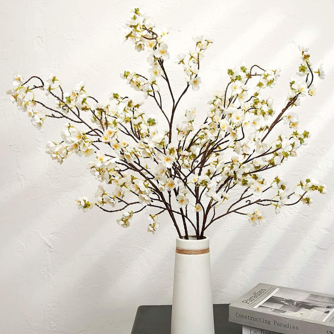 Olivachel Artificial Flowers Faux Plum Cherry Blossom Branches Fake Long Flower Stems for Home Wedding Party Decoration (White, 4Pcs/Pack)