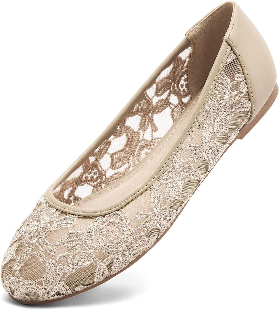 Greatonu Women's Flats Cut Out Round Toe Slip On Floral Ballet Flat Comfortable Lace Flats Dressy (9, Nude)
