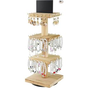 ERTIUANIO Bracelet Holder Display, 3 Tier Wooden Rotating Display Stand for vendors, 60 Hooks for Bracelet, KeyChain, Necklace, Jewelry