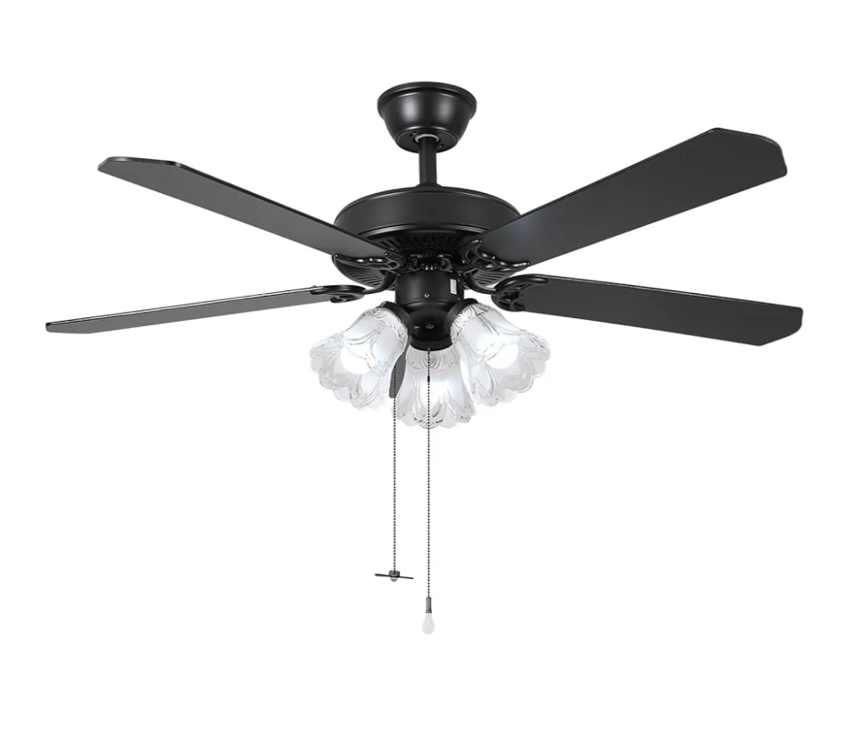 52 Inch Indoor Ceiling Fan with Pull-Chain and LED Light Bulbs Base, Traditional 3-Speeds Reversible Blades Ceiling Fan (Black)