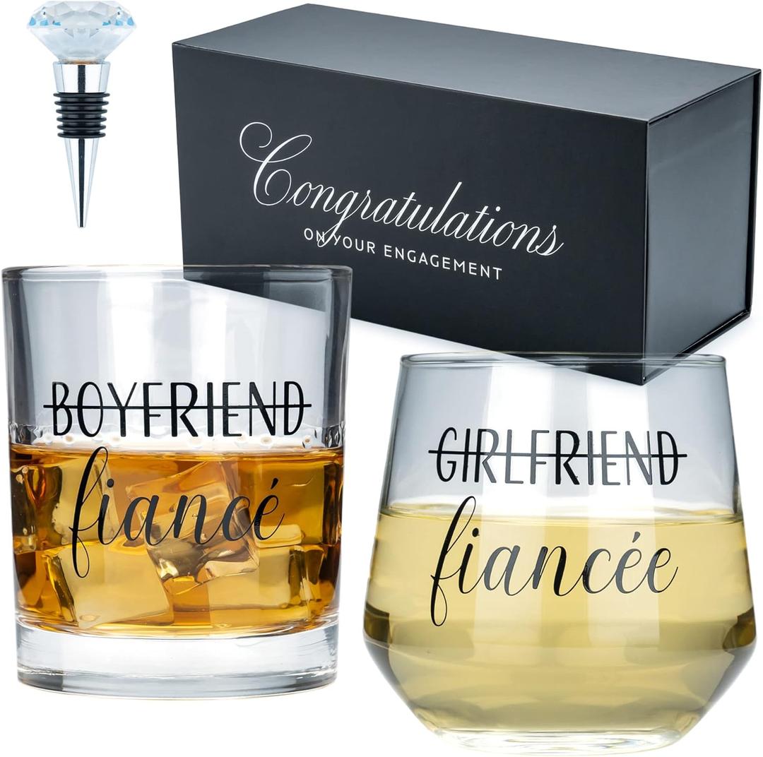 Engagement Gifts for Couples - Unique Fiance Gifts for Him or Her! Whiskey Wine Glasses with Diamond Wine Stopper