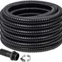 1-1/2" ID Pond Tubing 25ft Black, Reinforced PVC Corrugated Hose - Kink-Proof, Includes 1 Stainless Steel Clamp & 1.5" Barbed x NPT Male Adapter for Ponds, Waterfalls, Pumps, Filters & Drainage