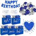 Addblu 5 Senses Gift Bags for Him with Labels Tissue Paper And Handles, 12.6"X8.7"X4" Includes Birthday Decoration Banner, Balloons, Rose Petals & Cards for Him or Her, Husband or Boyfriend (Blue with silver lettering)