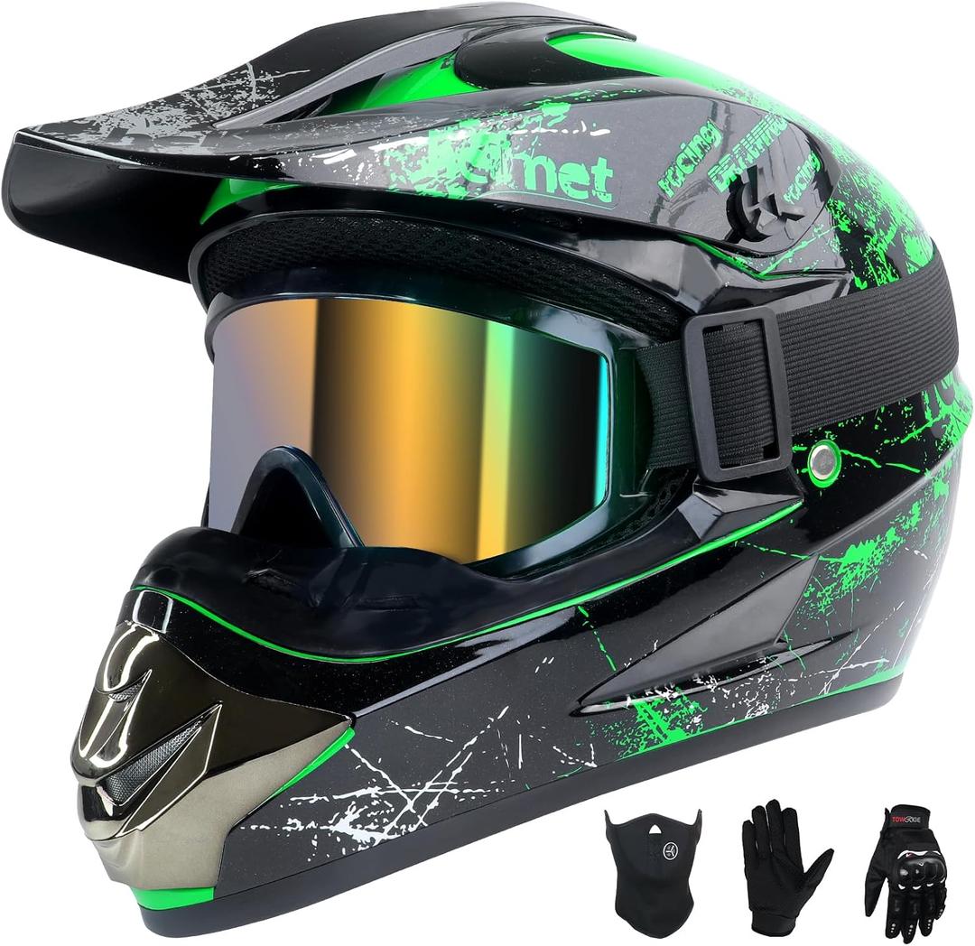 Youth Kids Dirt Bike Helmet Full Face Helmets,Motorcycle Helmets for Boys and Girls 8-14,Includes (Gloves Goggles Mask) 4Pcs Set,Motocross Bike Helmet for Off-Road ATV BMX MX,DOT Approved (Green,M)