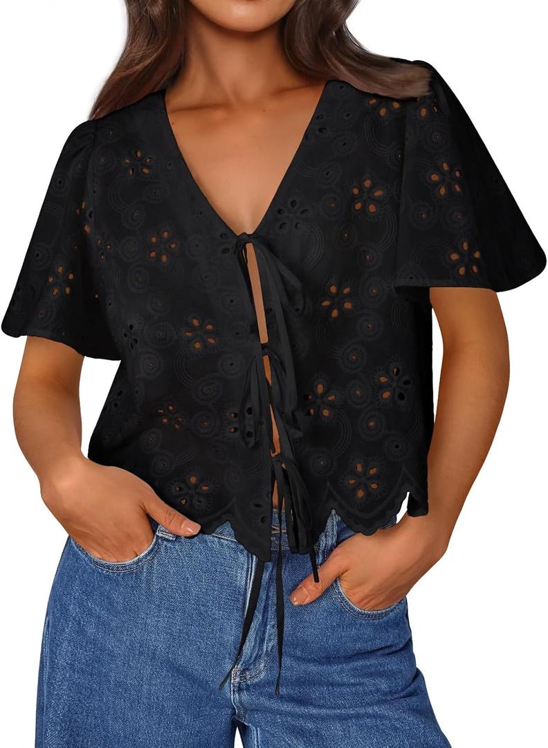 Trendy Queen Womens Summer Tops Cute Boho Blouses Beach Vacation Spring Outfits 2026 Tie Front Eyelet Embroidered Clothes (Black, M)