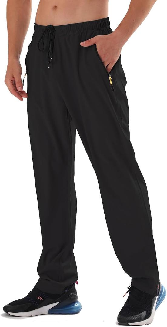 Men's Elastic Waist Hiking Pants Water Resistant Quick-Dry Lightweight Outdoor Sweatpants with Zipper Pockets (Black, M)