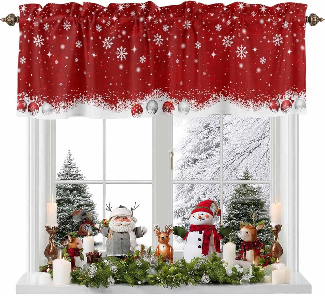 Christmas Valance Curtains Christmas Balls Christmas Kitchen Curtains Window Treatment Holiday Decor Winter Snowflakes Red Rod Pocket Valances for Kitchen Bathroom Living Room 54x18 Inch, 1 Panel