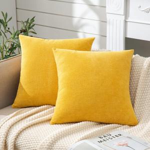 GAWAMAY Decorative Square Throw Pillow Covers 22"x22" Inch Set of 2, Super Soft Chenille Pillows Farmhouse Fall Pillowcase for Living Room Bedroom Sofa Couch Cushion Cover Mustard Yellow 55x55cm
