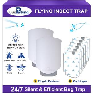 Flying Insect Trap, Plug-in UV Light for Gnats, Fruit Flies and Houseflies, Silent Sticky Catcher for Indoor Use, 2 Devices & 6 Refills