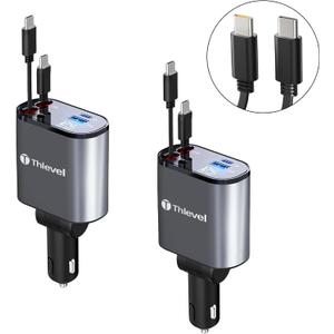 Retractable Car Charger 4 in 1 USB C Fast Charger with Dual Type-C Cables (31.5 inch) with Voltage Display Compatible with iPhone 16/15 Pro Max Samsung Galaxy Note(2 Pack)