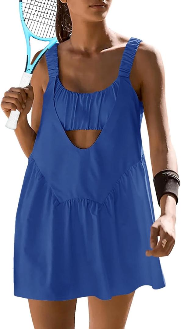 Sexyasasii Women Tennis Dress with Built in Shorts and Bra Sleeveless Casual Backless Golf Dress Athletic Dress with Pockets (Medium, Blue)