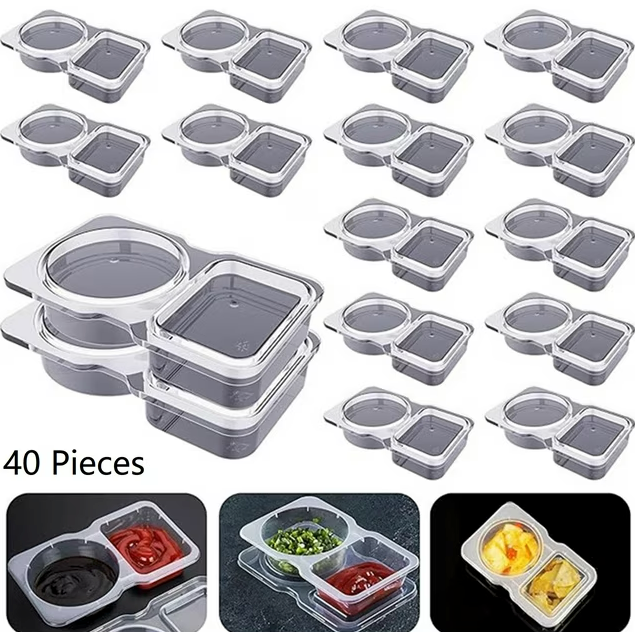 40 Pcs Double Compartment Condiment Container, Reusable Snack Containers, Condiment Containers with Lids, Sauce Containers for Snacks, Dips, Takeout, Travel and Outdoor Camping