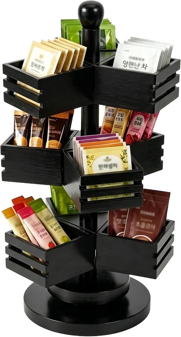 3-Tier Rotating Bamboo Tea Bag Organizer Carousel, Holds 108 Tea Bags