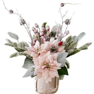 ZYZEV Artificial Poinsettias Christmas Flowers with Red Berry Pine Cone Branches Linen Base,12 Faux Poinsettias Plants for Home Office Table Fireplace Winter Indoor Christmas Decorations Pink (3in)