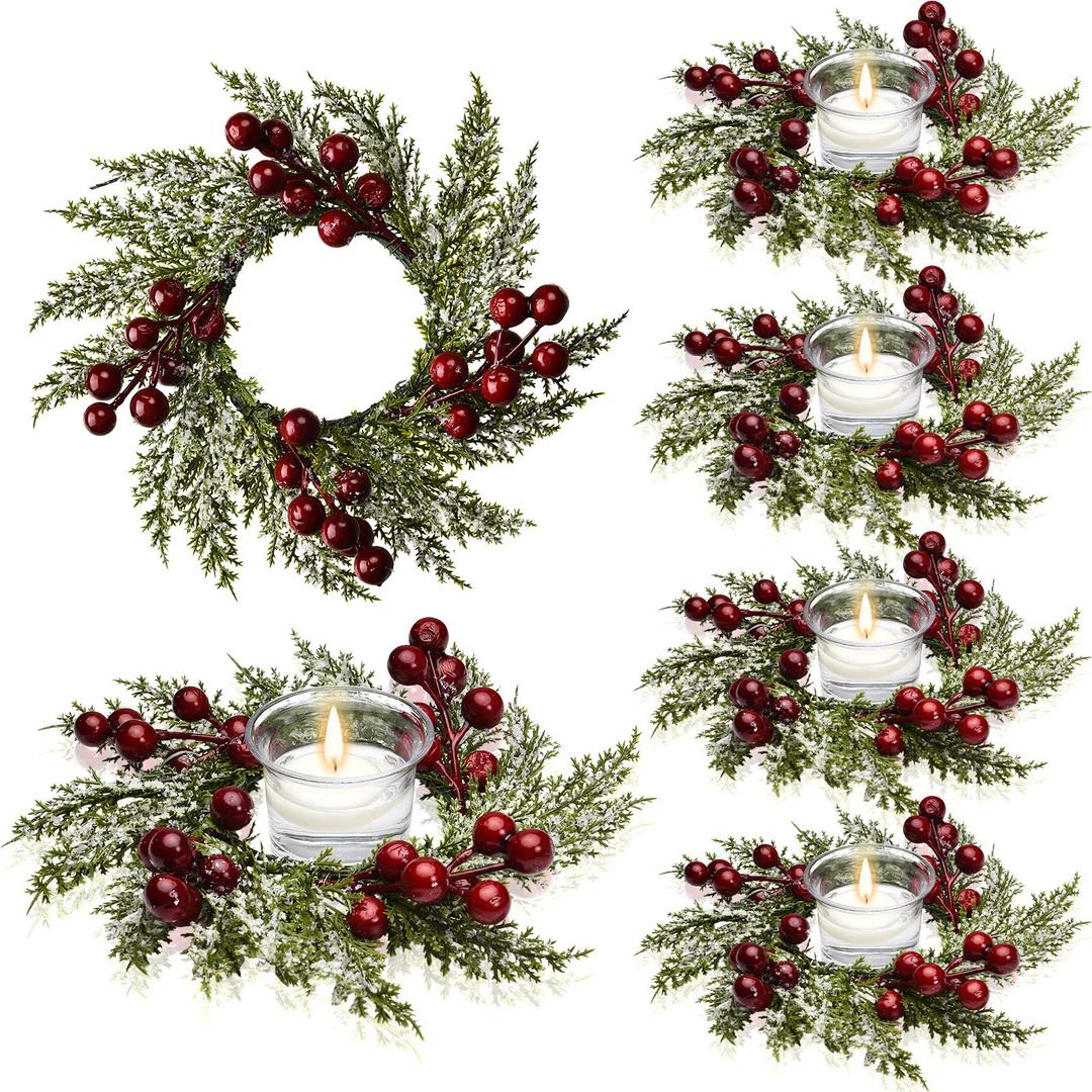 Christmas Candle Rings Artificial Red Berries and Pinecones Candle Rings Wreaths Decor Candle Rings for Pillars Rustic Wedding Centerpiece Christmas Table Decoration for Front Door (8 Pieces)
