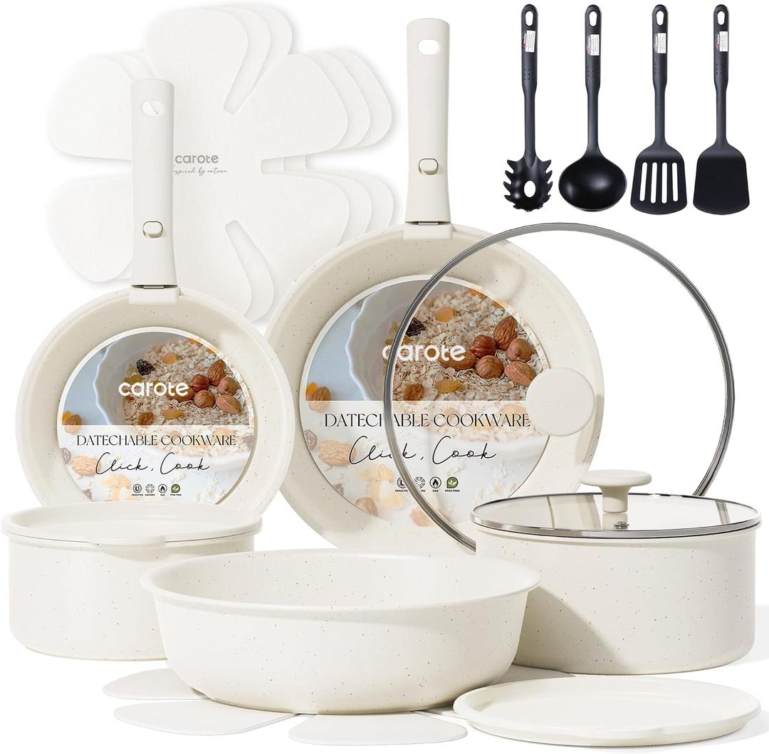 CAROTE 19pcs Pots and Pans Set, Nonstick Cookware Set Detachable Handle, Induction Kitchen Cookware Sets Non Stick with Removable Handle, RV Cookware Set, Oven Safe, 19 Piece