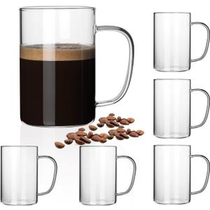 HORLIMER 16 oz Glass Coffee Mugs Set of 6, Clear Coffee Cup with Handle for Tea Cappuccino Latte Milk Juice Hot Beverages