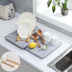 2 PCS Nesting Stone Drying Mat for Kitchen Counter, Equipped Dish Rack, Tableware Drying Mat Set, Diatomaceous Earth Material，Suitable for Plates, Cups and Any Kitchen Utensils (Grey)