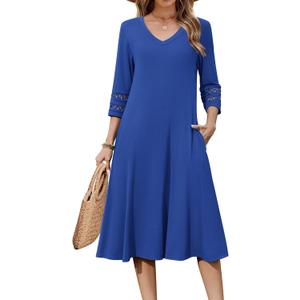 Zeagoo Women Casual Dress 3/4 Sleeve Casual Loose Midi Dress (Small, Blue)