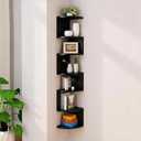 No-Drill Corner Shelf Wall Mount, 7-Tier Floating Corner Bookshelf with Hooks, Space-Saving Zigzag Plant Shelf for Bedroom, Living Room, Bathroom, Home OfficeBlack