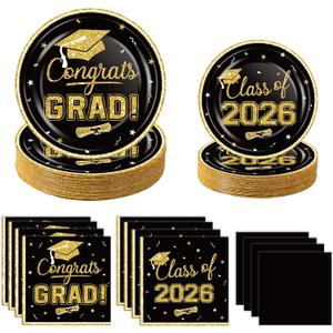 2026 Graduation Party Supplies Tableware Set - 200 Pcs Black Gold Graduation Plates and Napkins Class of 2026 Disposable Dinnerware for College High School Congrats Graduation Party favors, Serve 50