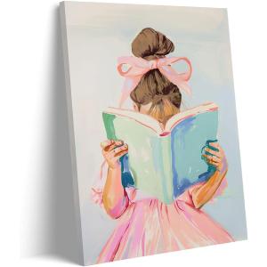 Brown Hair Girl Reading Book Canvas Wall Art Children Reading Wall Decor Picture Pastel Little Girl Poster Print Pink Bow Aesthetic Artwork for Gallery Library Reading Nook Decoration,16x24in