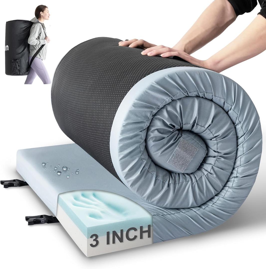 Kingfun 3 Inch CertiPUR-US Memory Foam Camping Mattress Pad, Waterproof Roll up Sleeping Pad, Thick Floor Sleeping Mats for Tent with Removable Travel Bag(Light Blue, Cot)