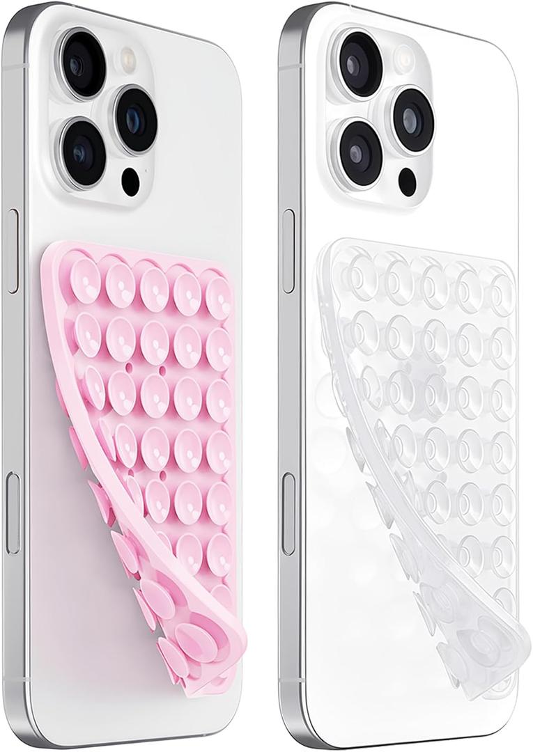 4 x PKYAA 2 Pack Silicone Suction Cup Phone Case Mount Double Sided, Hands-Free Silicon Phone Grip with Higher Suction Power for Selfies and Videos, Non Slip Phone Accessories (LightPink&Translucent)