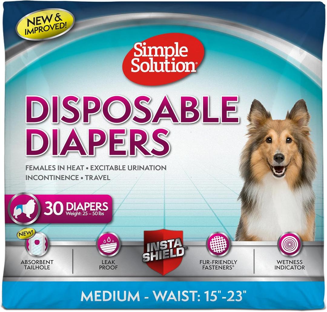 Simple Solution Disposable Dog Diapers, Female Dog Diapers, Puppy Potty Training, Incontinence and Heat Cycle Protection, Medium Diapers for Dogs, 15-23 Inch Waist, 30 Count