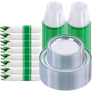 I00000 210 Pcs Green Plastic Dinnerware Set for 30 Guests Include: 30 Dinner Clear Green Plastic Plates, 30 Dessert Party Plates, 30 Pre Rolled Napkins with Cutlery Set, 30 Cups for Party