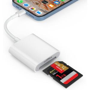 SD Card Reader for iPhone, Memory Card Reader with Dual Slot for SD/TF Card Plug and Play Trail Game Camera SD Card Viewer Lightning to MicroSD Card Camera Adapter for iPad No App Required