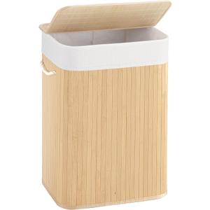 72L Slim Laundry Hamper with Lid, Foldable Bamboo Clothes Laundry Basket with Handles, Removable and Machine Washable Liner, for Bedroom, Bathroom, Dorm, Natural Beige (72L, Natural Beige)