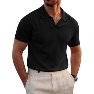 Runcati Mens Knitted Polo Shirt Muscle Short Sleeve V Neck Stretch Casual Slim Fit Vintage Ribbed Golf T-Shirt L