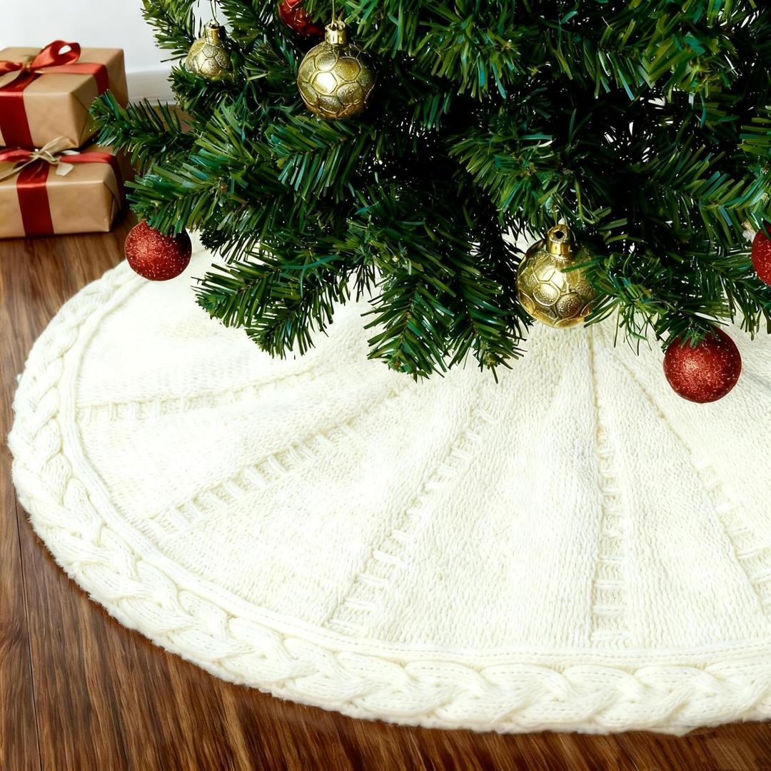 White Christmas Tree Skirt 24 Inch, Knitted Tree Skirt for 4Ft Pencil Tree, Vintage Thick Small Tree Skirt for Christmas Trees Decoration, Xmas Home Indoor Farmhouse Decorations