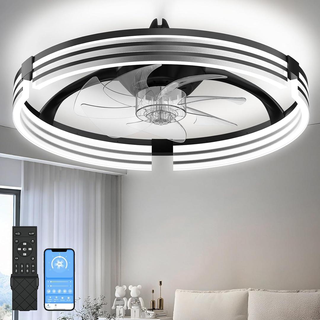 AIKVSXER Ceiling Fans with Lights and Remote, 20 Inch Low Profile Fandelier with APP Control, Ultra Quiet, 3CCT and 6 Wind Speeds for Bedroom, Living Room Modern Flush Mount Fan Light (Dark Black)