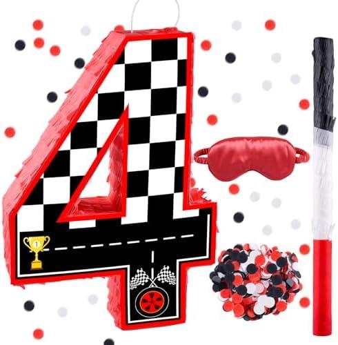 16 Inch Number 4 Race Car Pinata with 16 Inch Piñata Stick Blindfold Confetti for Boy Girl Kids 4th Birthday Party Decorations(4th)