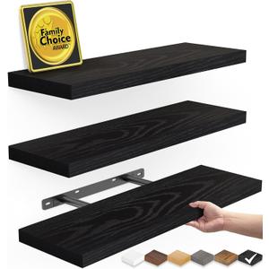 BAYKA Floating Shelves for Wall, Wall Mounted Rustic Wood Shelves for Bathroom, Bedroom, Living Room, Kitchen, Hanging Shelf for Books/Storage/Room Decor with 22lbs Capacity (Black, Set of 3, 15.7in)