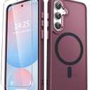 YENAPOON for Samsung Galaxy S25 Case, Matte Magnetic Phone Case with 1 Screen Protector, Support for Magsafe, Translucent Frosted Shockproof Protective Cover for Samsung Galaxy S25, Wine Red