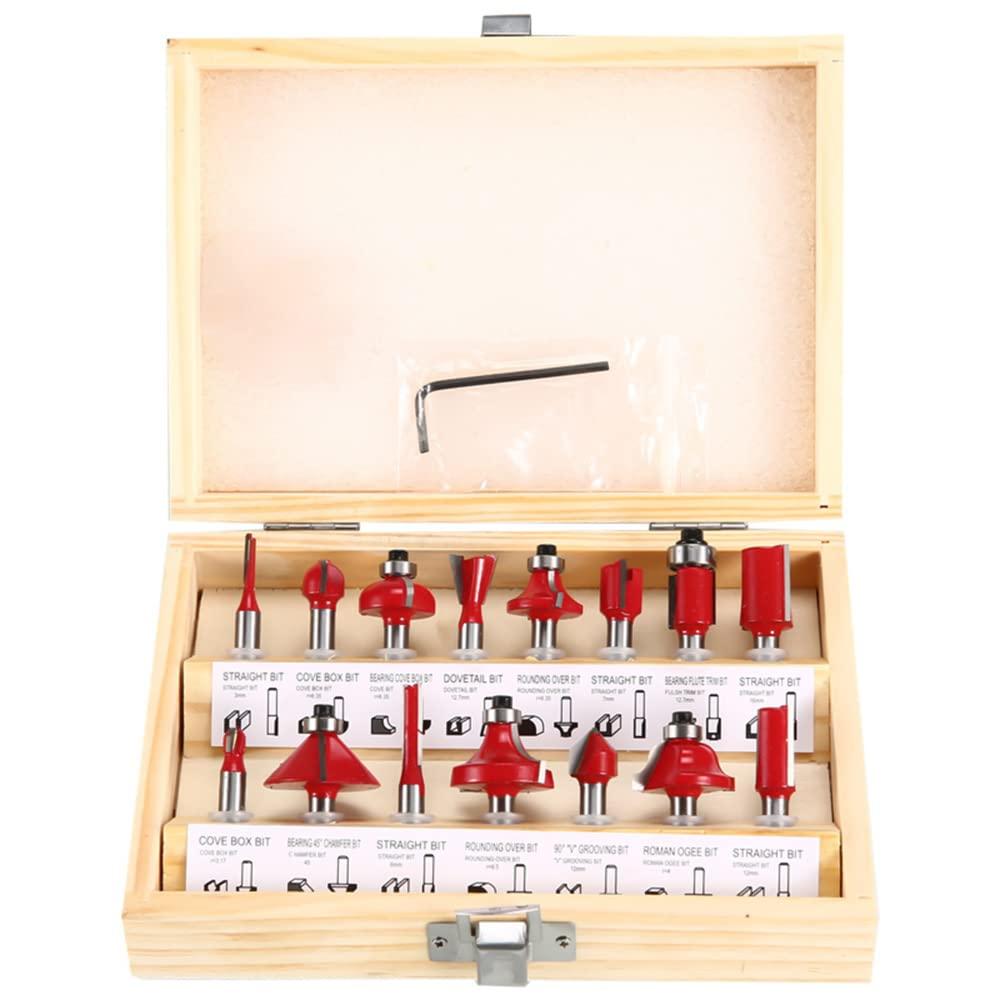 15 PCS 1/4 Inch Router Bit Set Shank Tungsten Carbide Tipped Router Bit Set Woodwork Tools with Wooden Box