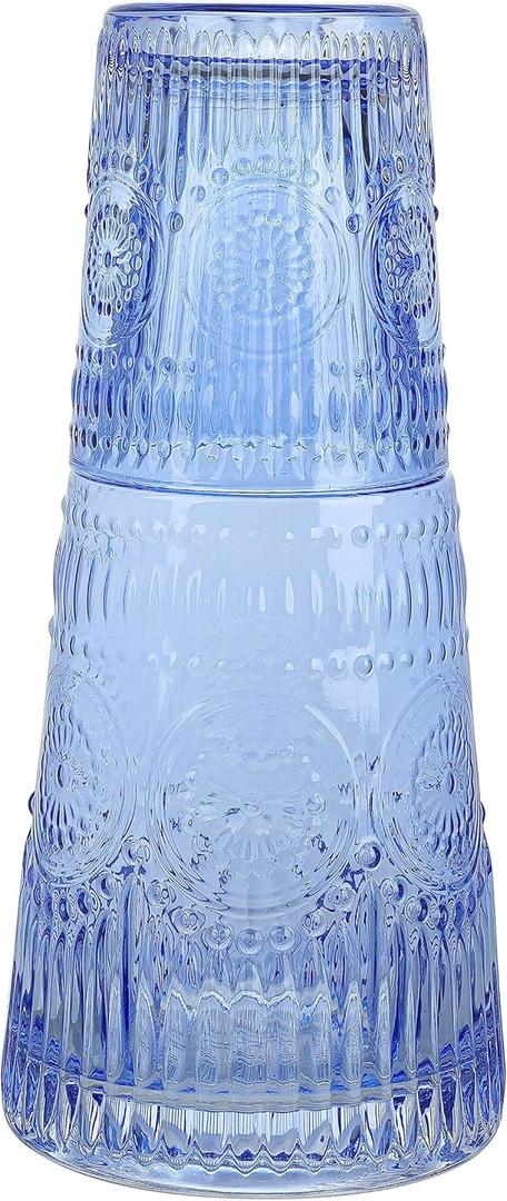 elle decor Bedside Water Carafe with Tumbler Set | Vintage Design Pitcher and Matching Drinking Glass Doubles as Lid | 33-Ounce Jug for Guest Room, Office, or Gift | 4 x 8.5 (Cobalt Blue)